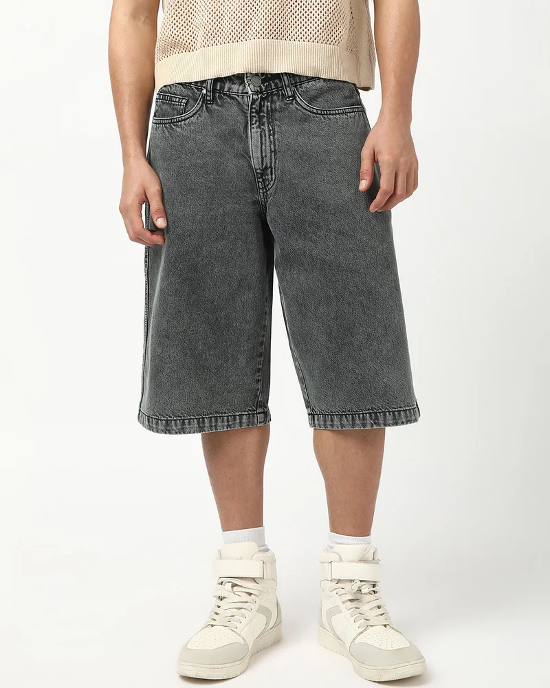 بيواكوف Men's Mid Grey Washed Baggy Fit Shorts